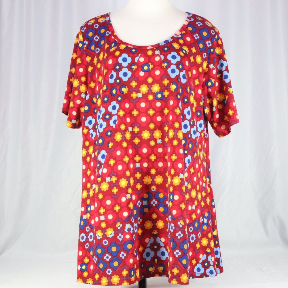 Lula Roe Blouse Top Shirt Size 3XL. Red with Blue/Orange Flowers
